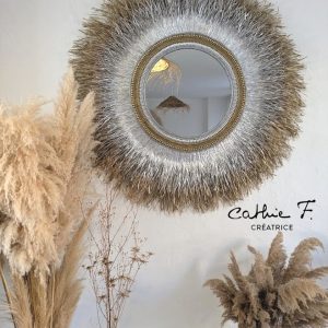 Grand miroir ethnique raphia or argent RENEE