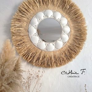 Miroir bohème chic raphia coquilles blanc IMPOSY