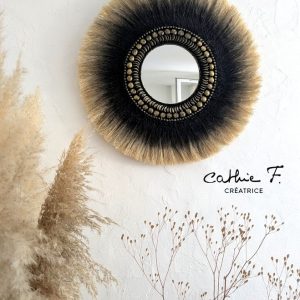 Miroir crinière en fibres naturelles dégradé noir et naturel, graines irisées dorées PALOVA