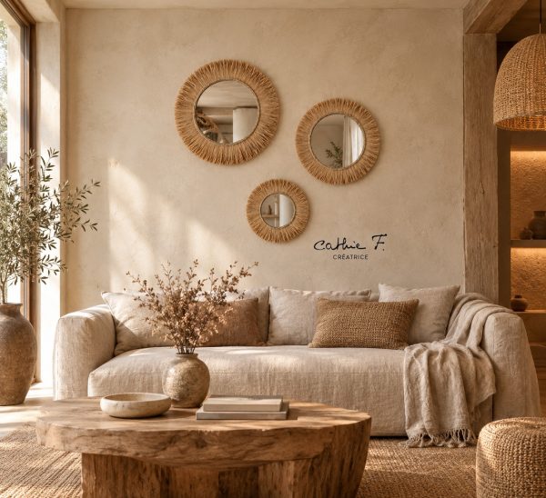 Composition murale de 3 miroirs bohèmes ethniques en raphia JULIANA – vue 5