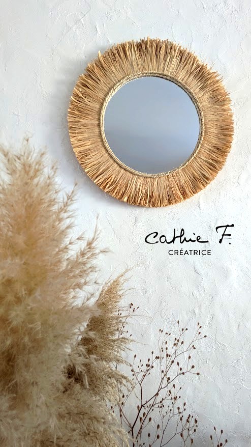 Miroir rond bohème ethnique en raphia JULIANA 50