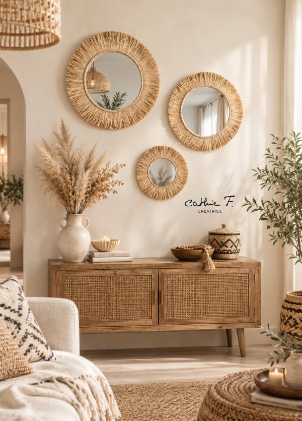 Miroir rond bohème ethnique en raphia JULIANA 50 – vue 2